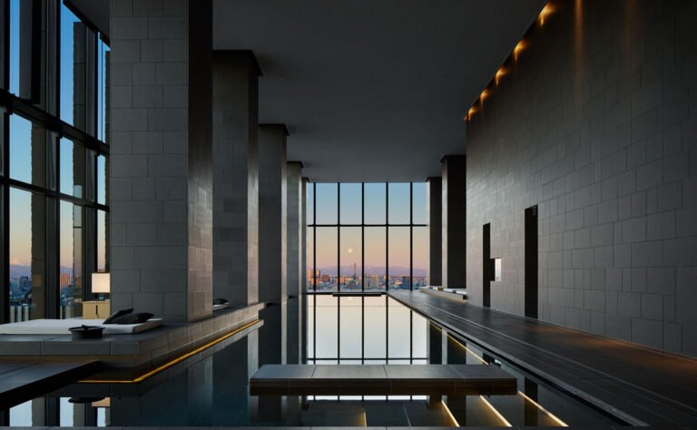 A beautiful view of the Tokyo skyline from a high-end luxury hotel, showing skyscrapers and the cityscape.